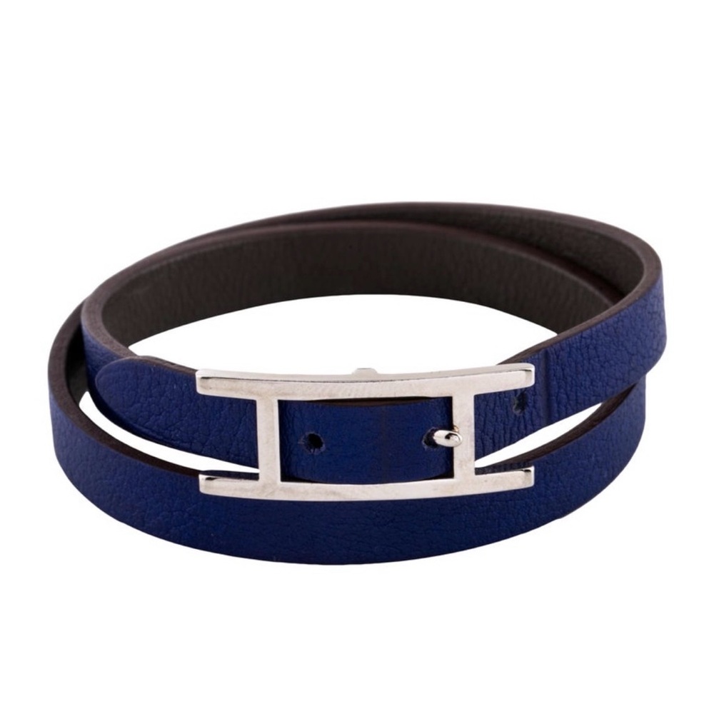 Hermès Hapi Double Wrap Blue Leather Bracelet with Silver Buckle
